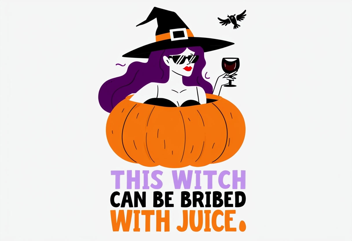 Playful Cartoon Witch in Pumpkin with Juice Quote Art