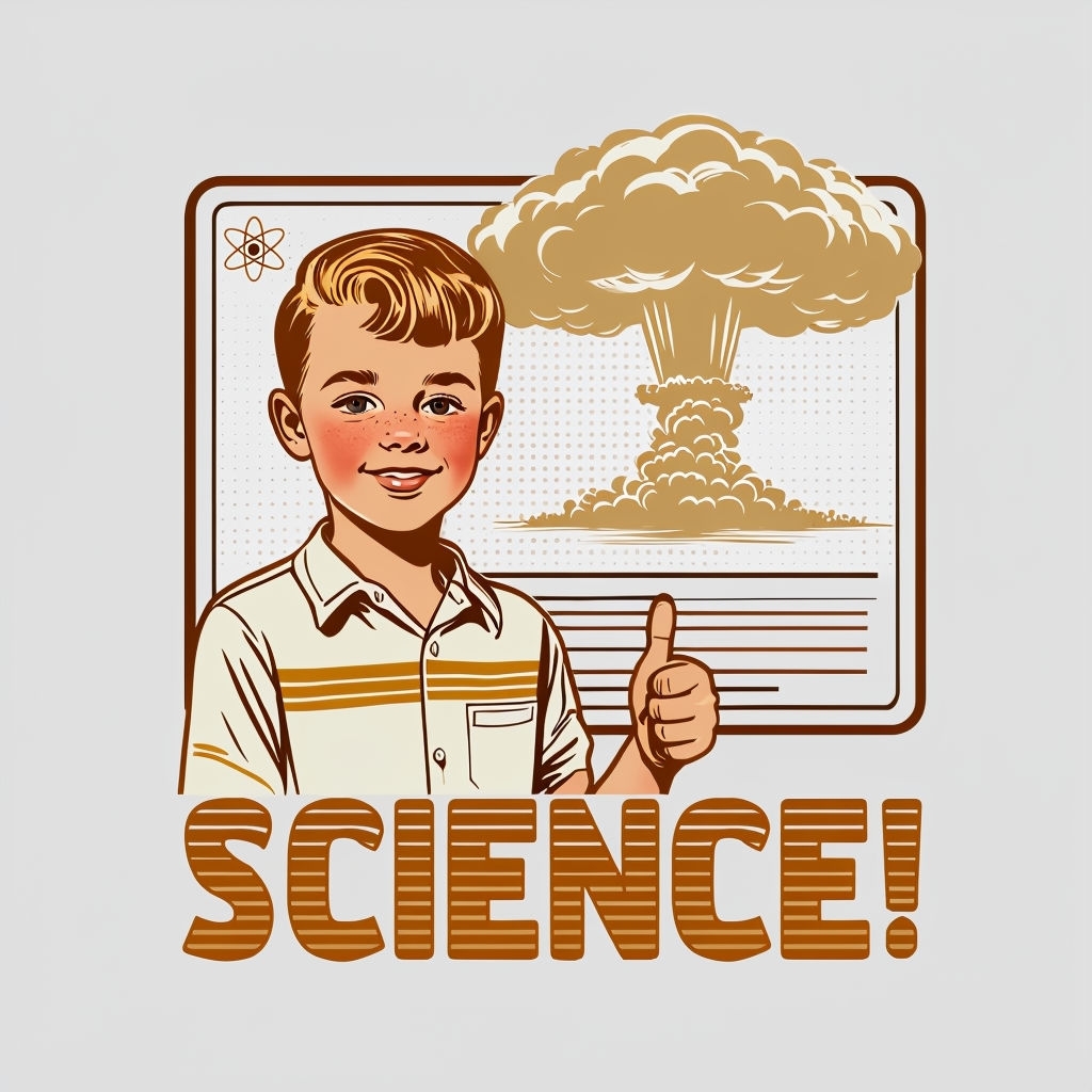 Cheerful Boy with Atomic Explosion and Science Theme T-Shirt