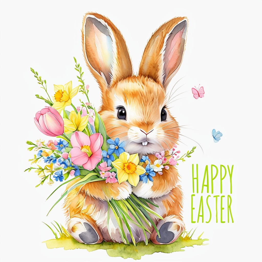 Cheerful Watercolor Bunny Holding Flowers for Happy Easter Mug