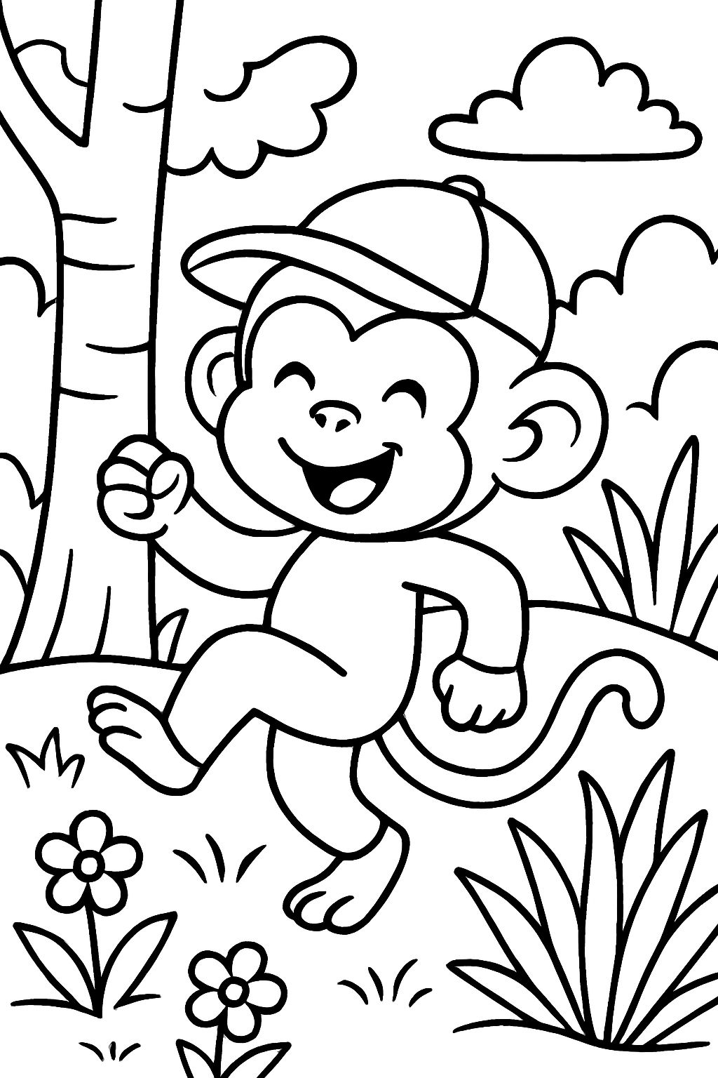 Cheerful Cartoon Monkey in Nature Line Drawing Coloring Page
