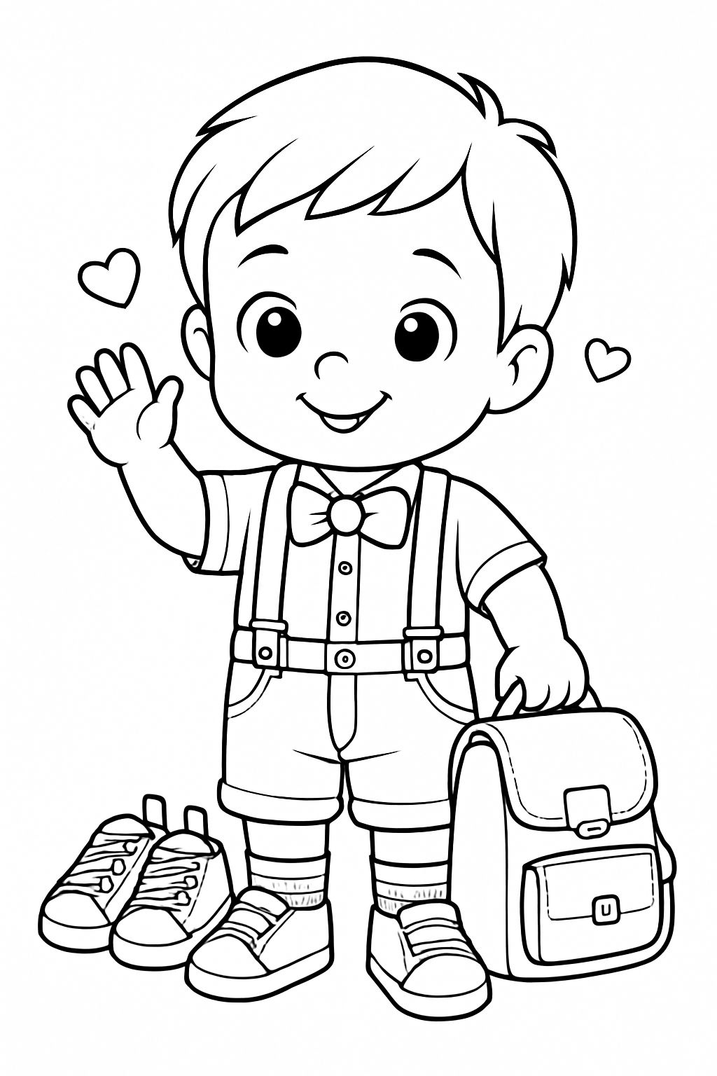 Cheerful Young Boy Waving with School Bag Coloring Page
