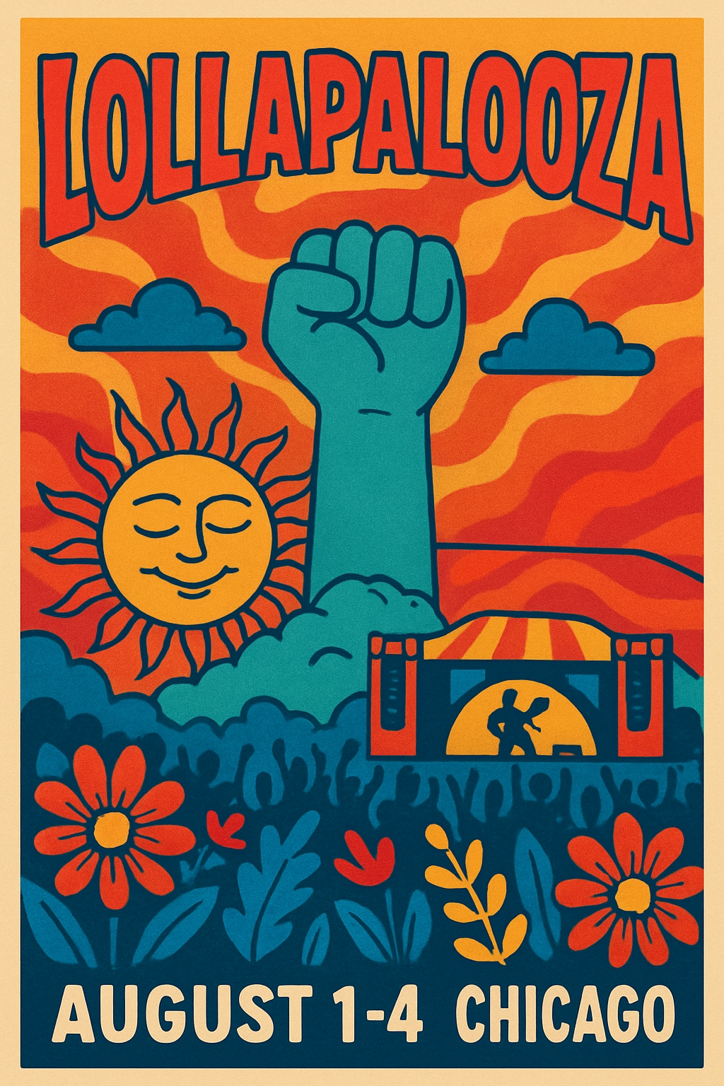 Vibrant Retro Lollapalooza Festival Poster with Colorful Fist and Sun