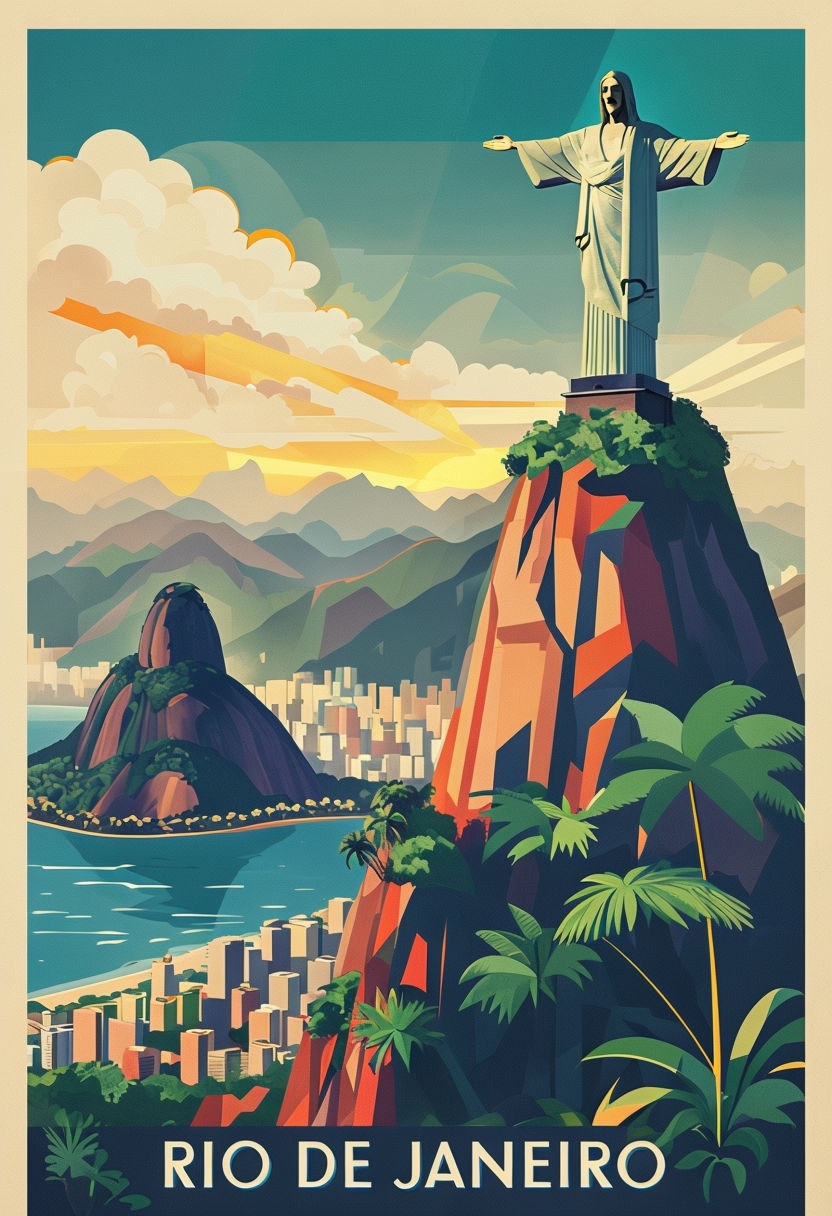 Vibrant Vintage Rio de Janeiro Travel Poster with Christ the Redeemer