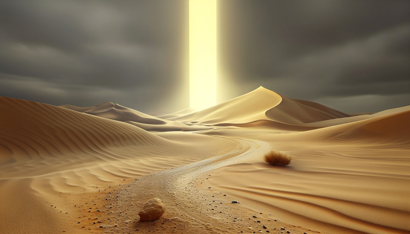 Serene Desert Landscape with Winding Path Digital Artwork Virtual Backgrounds