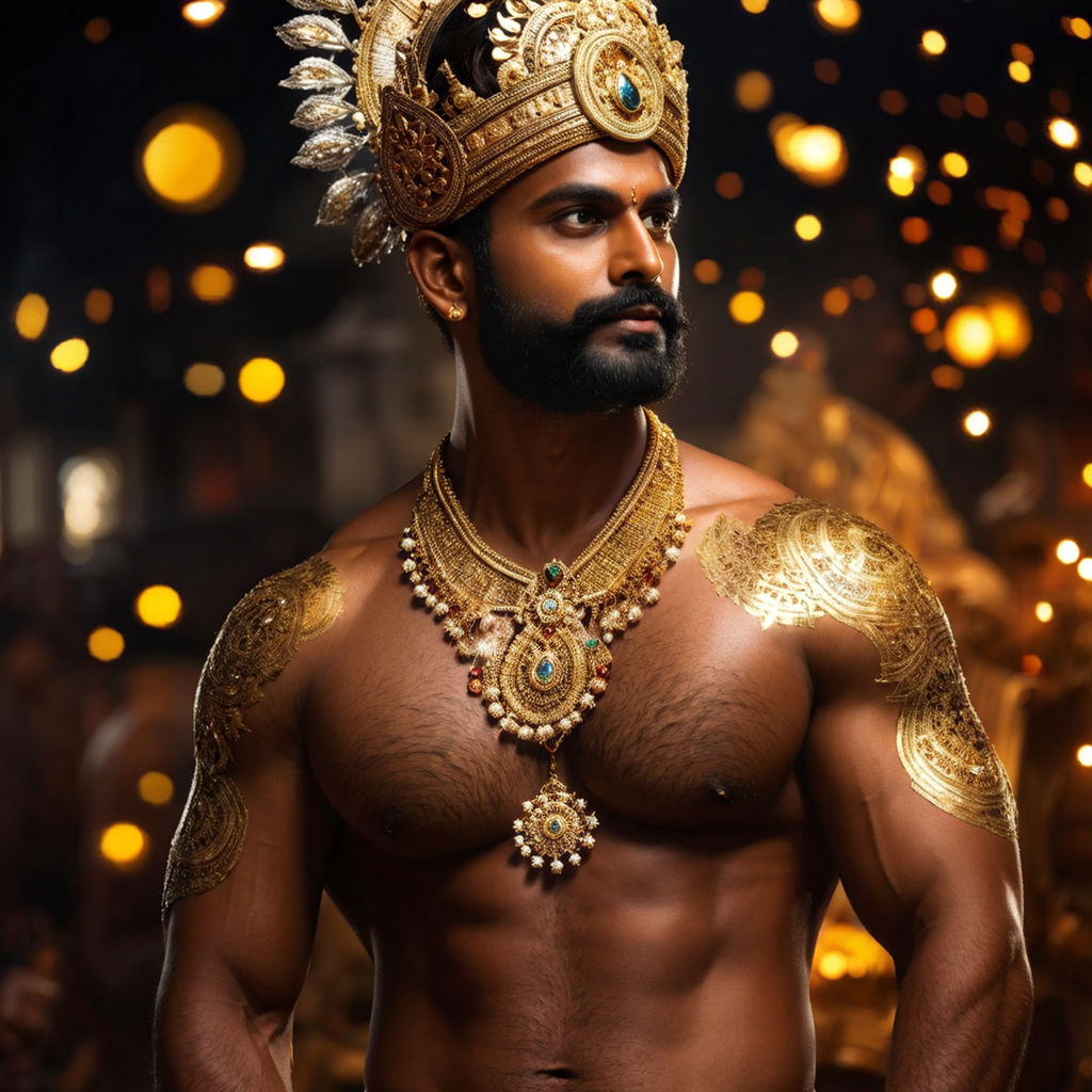 bodybuilder with huge muscles dressed as an indian marharajah that shows  off his bare chest and legs dancing with other male dancers in a bollywood  routine