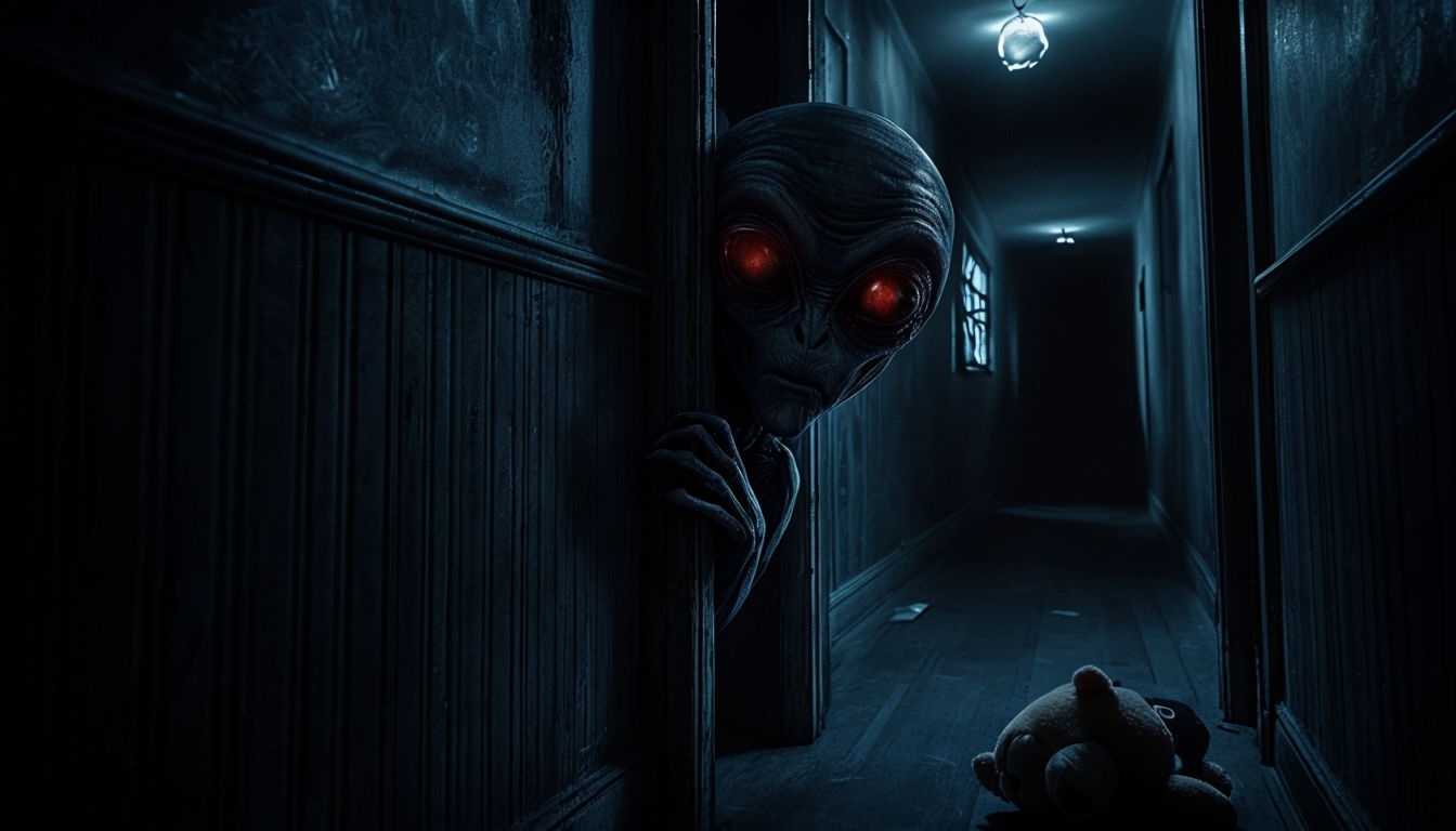 Alien Creature in Dark Haunted Hallway Background for Horror Themes Virtual Backgrounds
