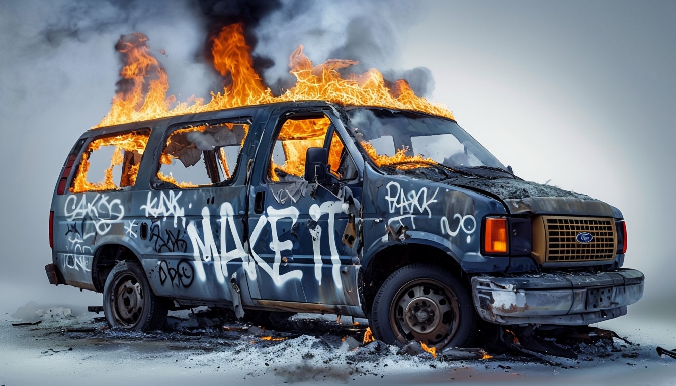 Destructive Flaming Ford Van Digital Art Background for Virtual Use