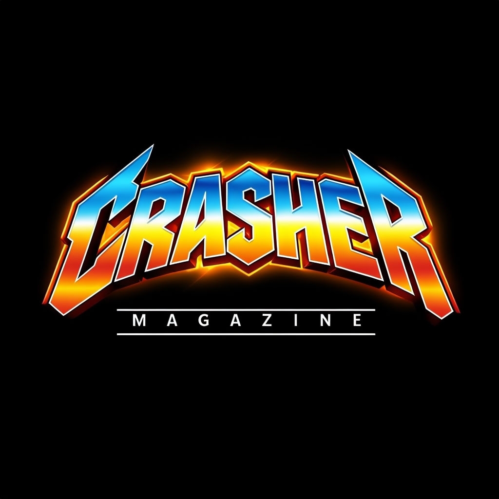 Bold 3D CRASHER Magazine Logo with Metallic Gradient Effect