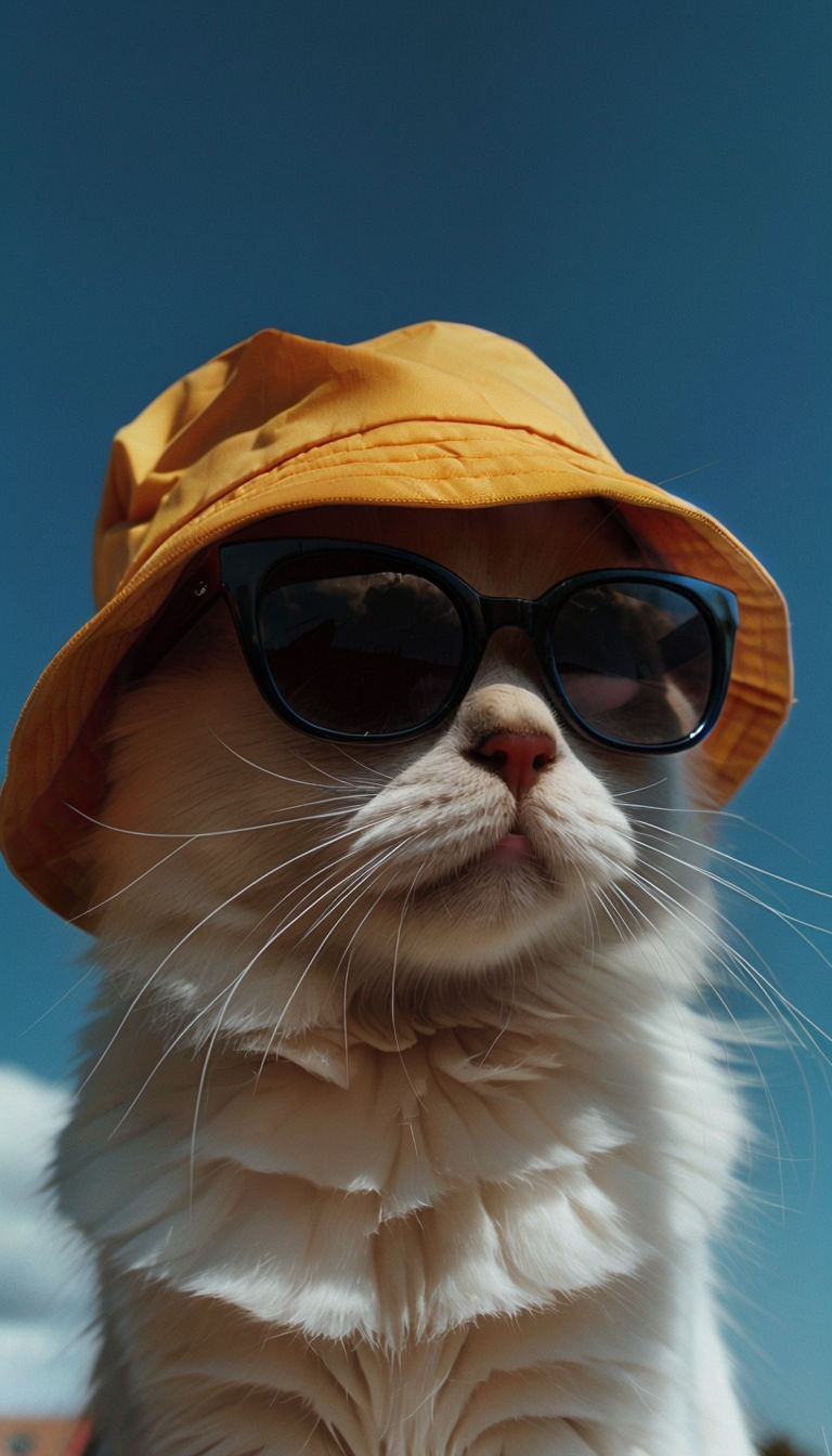 Stylish White Cat in Yellow Bucket Hat and Sunglasses Mobile Wallpaper