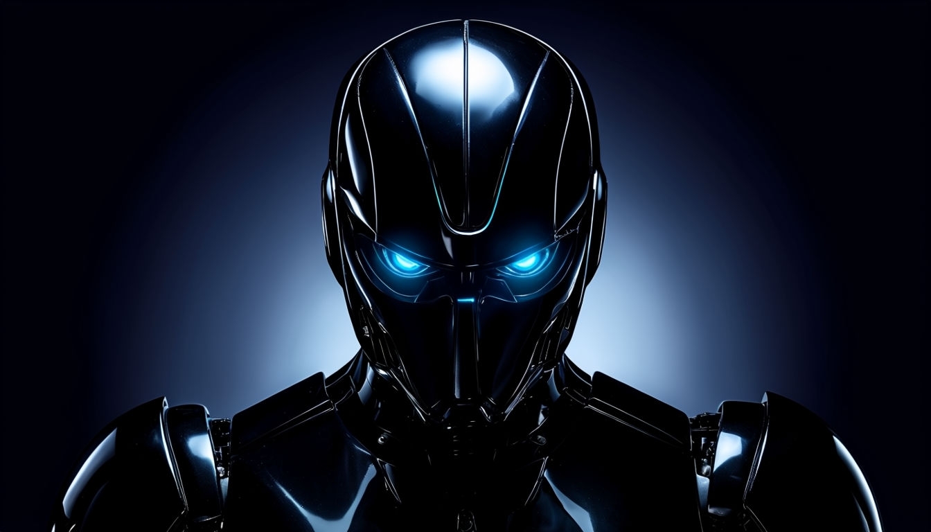 Futuristic Robot with Cyan-Blue Eyes on Dark Background Virtual Backgrounds