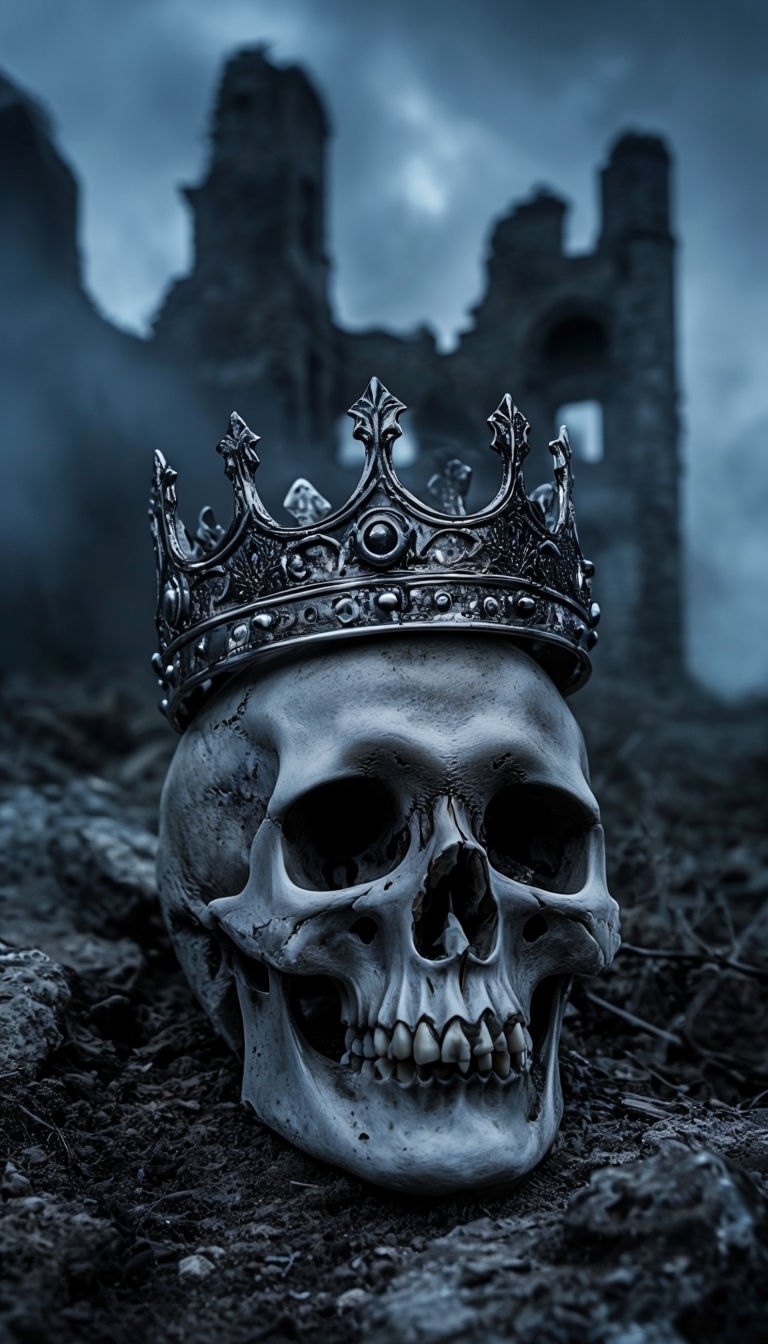 Haunting Skull with Crown and Ruined Castle Mobile Wallpaper
