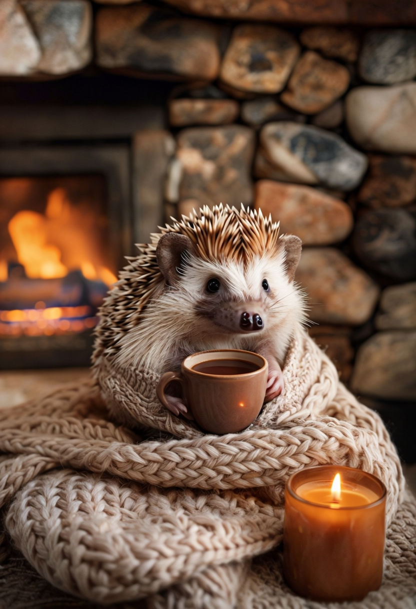 Cozy Hedgehog with Coffee by the Fireplace Art