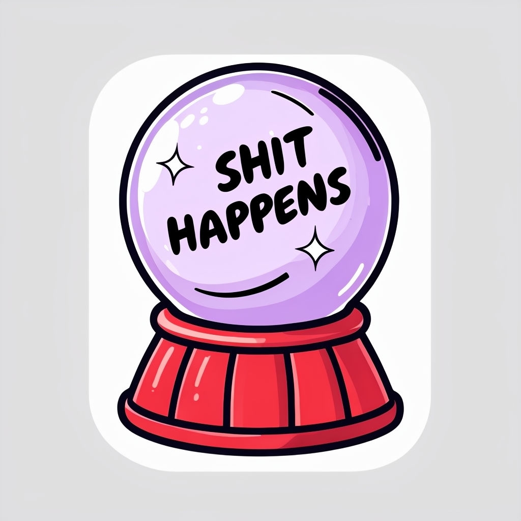 Lavender Crystal Ball with Shit Happens Text Cartoon Sticker