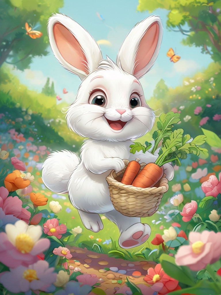 Cheerful Cartoon White Rabbit in Colorful Garden Art