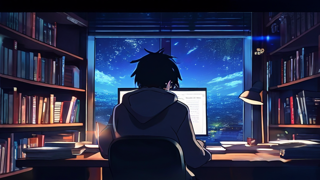 Anime 30 year old British man with big windows bookshelves a... by ...