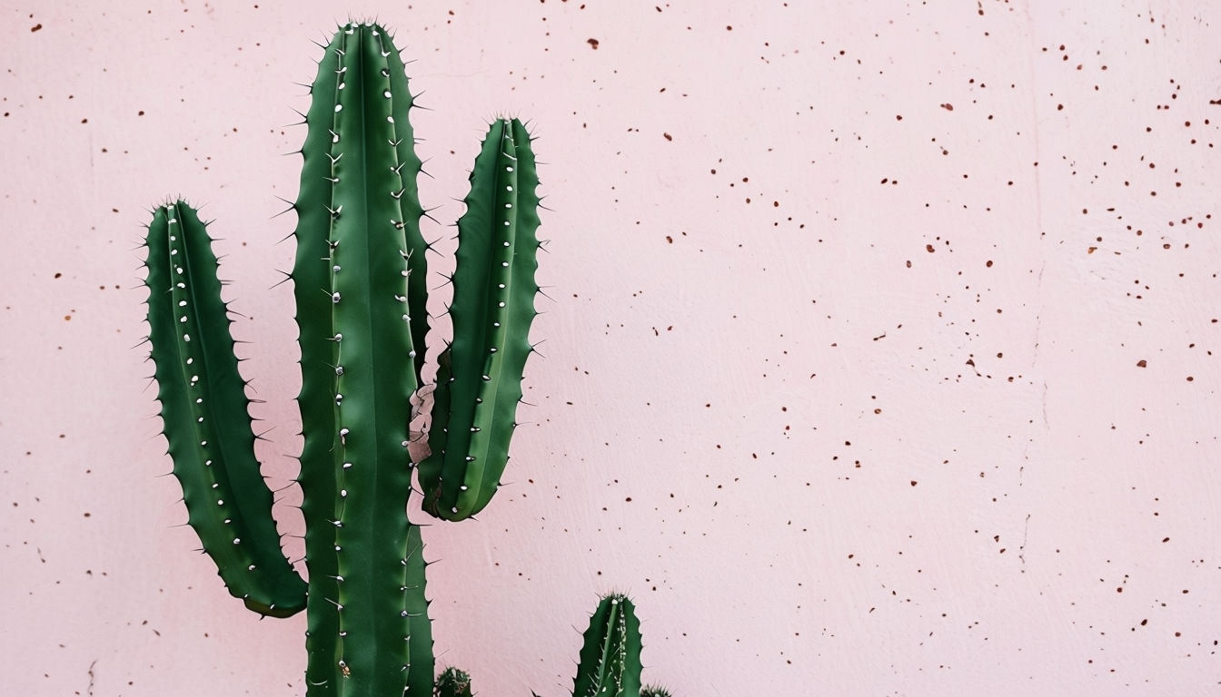 Minimalist Dark Green Cactus Against Blush Pink Background Virtual Backgrounds