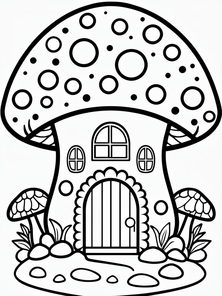 Whimsical Black and White Mushroom House Coloring Page
