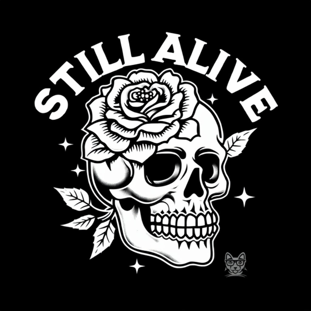 Bold Skull with Rose Tattoo Art and STILL ALIVE Text T-Shirt