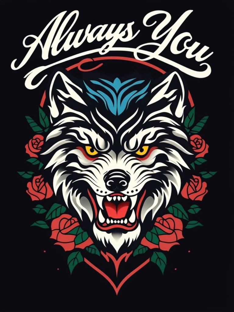 Fierce Wolf Head with Roses and Always You Tattoo Art T-Shirt