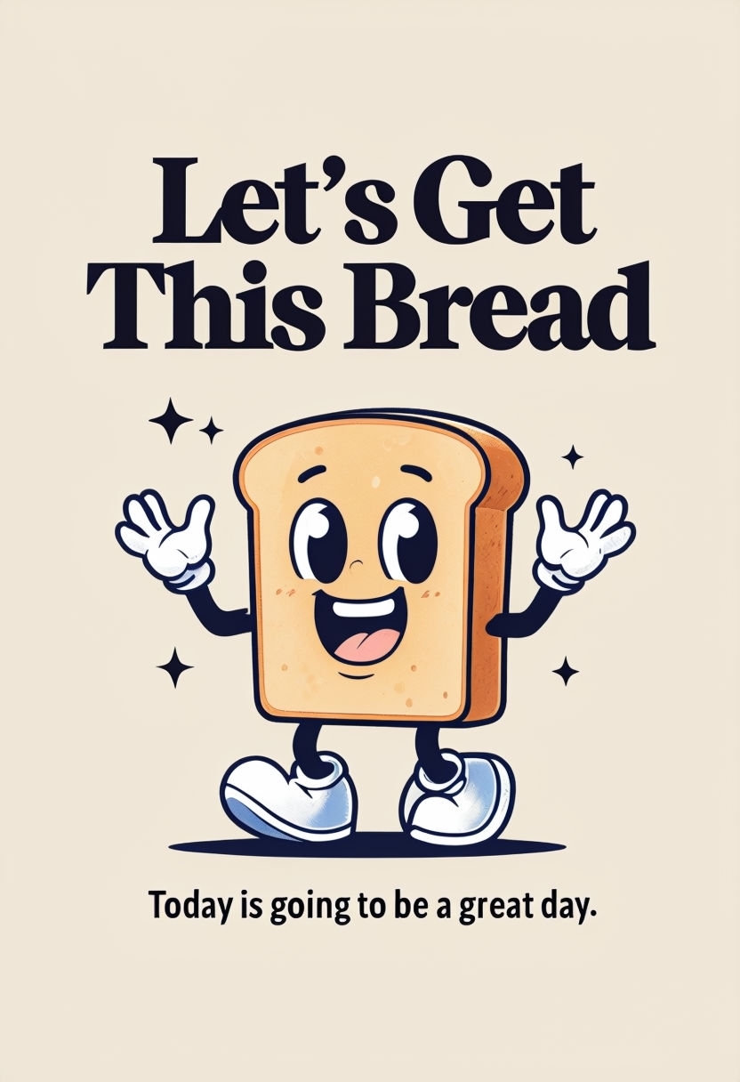 Cheerful Cartoon Bread Character with Motivational Quote Poster