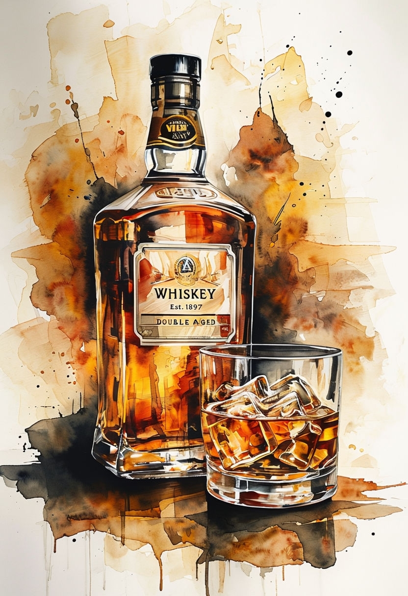 Warm Amber Whiskey Bottle and Glass Watercolor Art