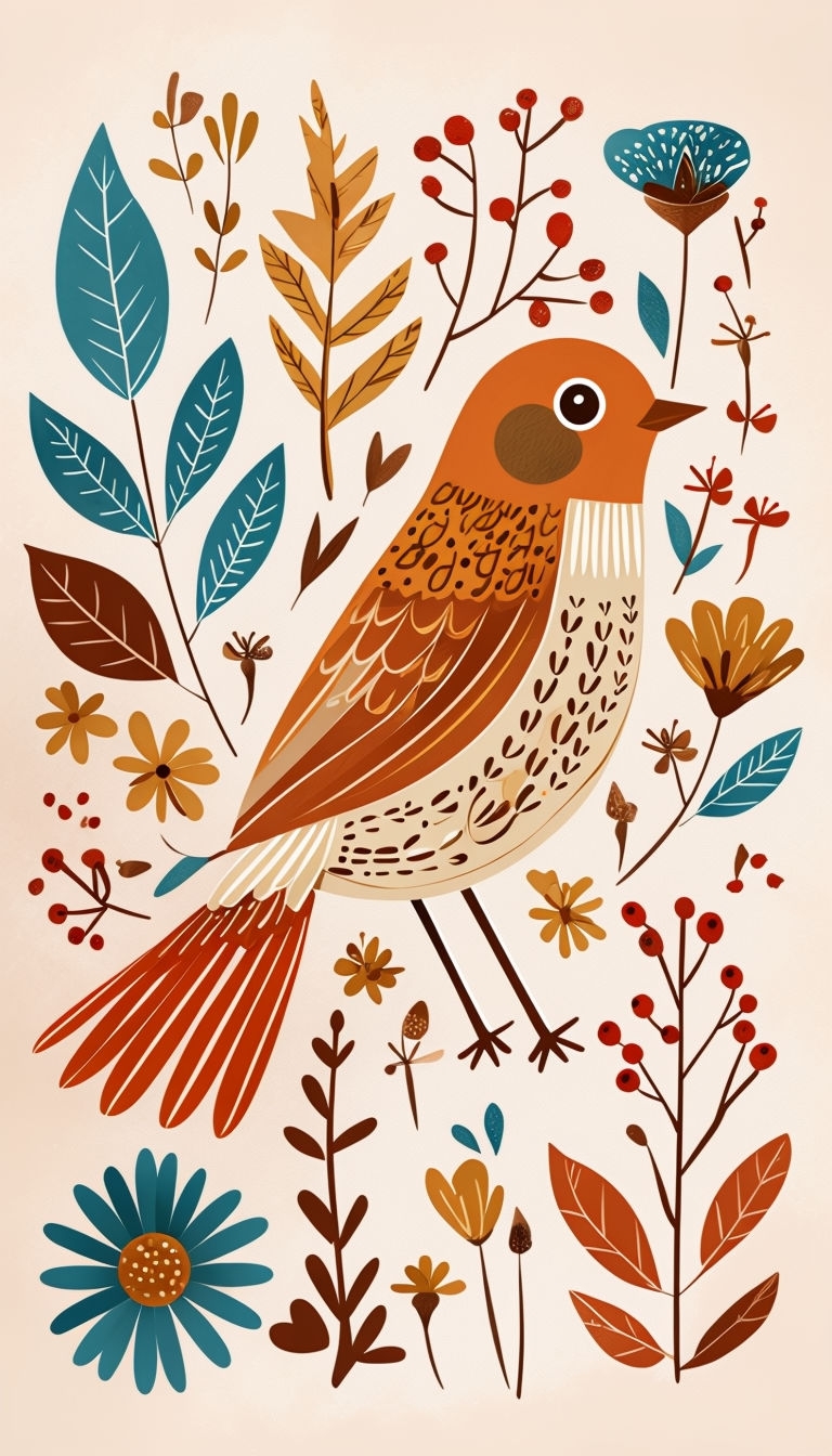 Whimsical Folk Art Bird with Floral Elements Poster