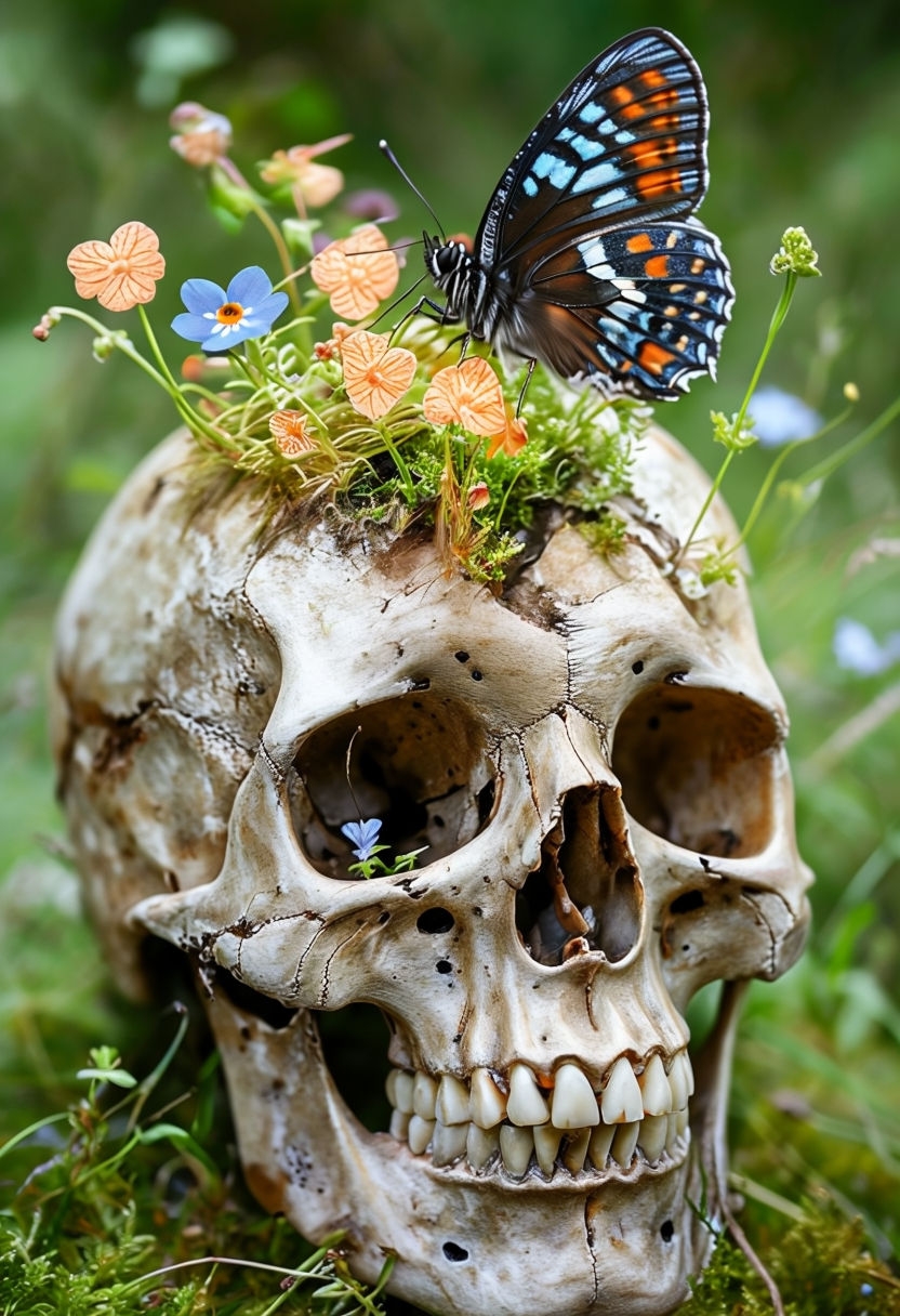 Nature's Elegance: Weathered Skull with Flowers and Butterfly Art