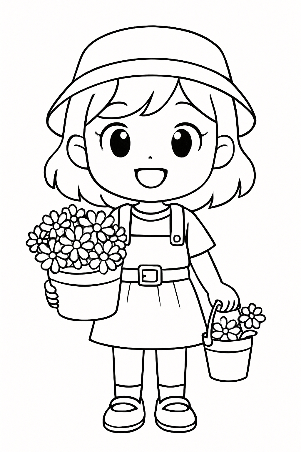 Cute Anime Girl with Flowers Line Art for Coloring Book Pages