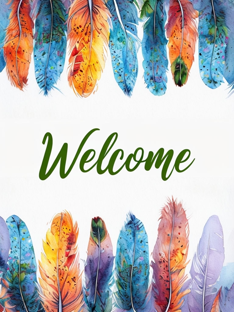 Vibrant Watercolor Feather Welcome Card Design for Invitations