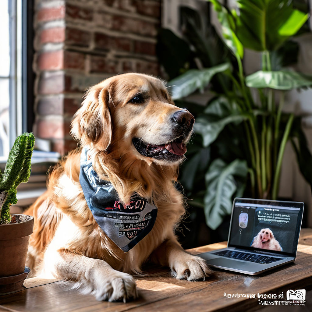 Golden retriever wearing a 'Genius Dog' bandana, symbolizing successful pet influencer branding