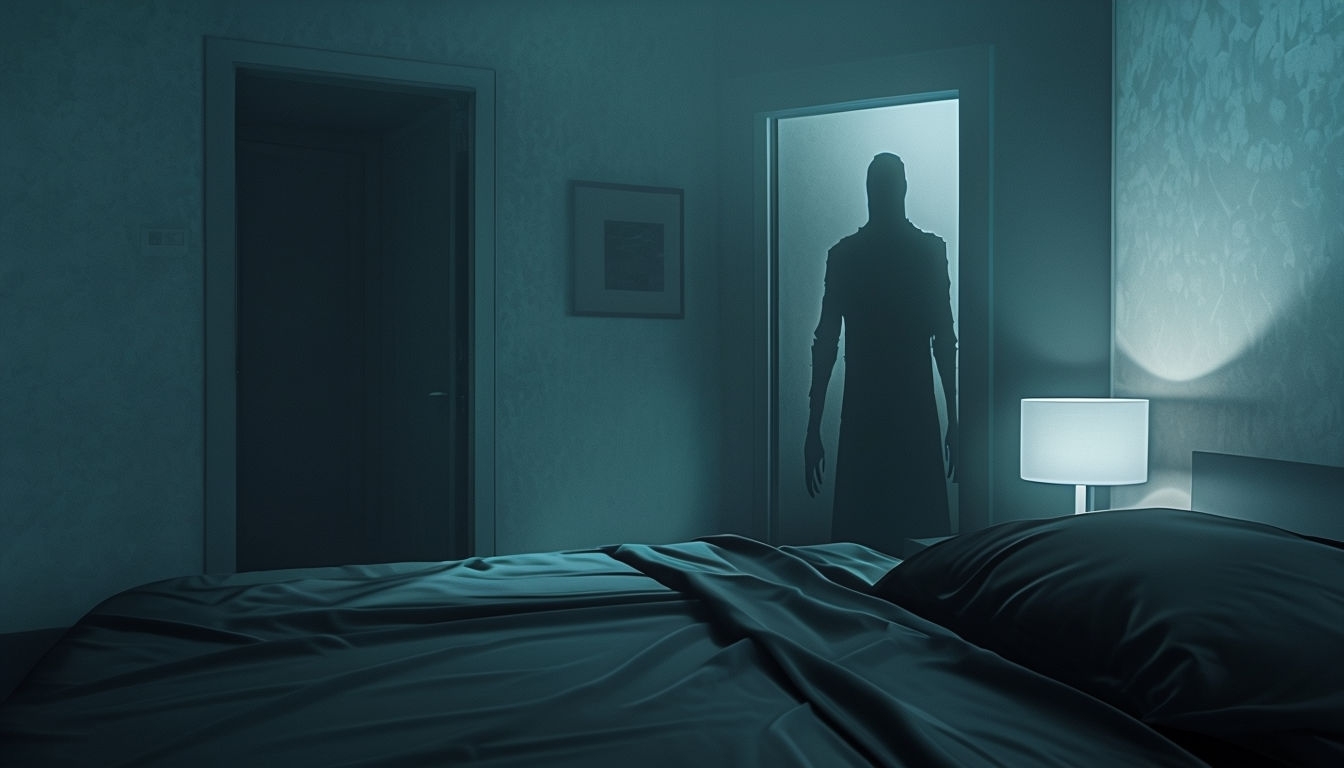 Eerie Horror Bedroom Scene with Sinister Silhouette Background