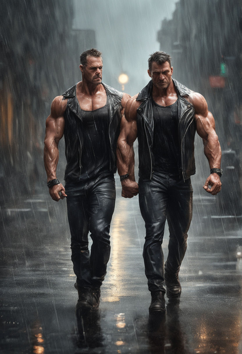 photo of a extremely muscular white bodybuilder gay couple holding hands  while walking at the side walk at New York at night