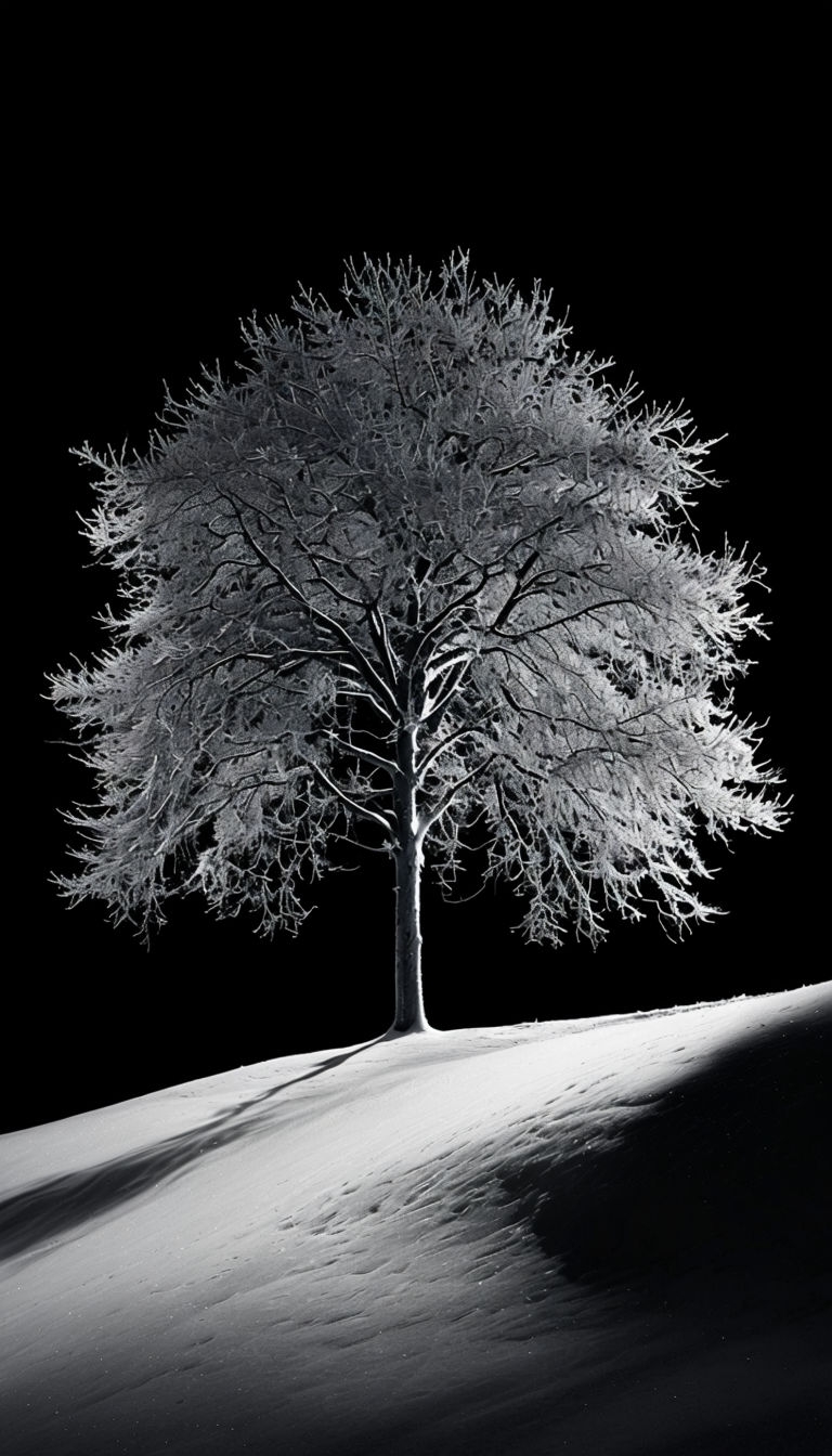 Frosted Tree Against Black Background Black and White Mobile Wallpaper
