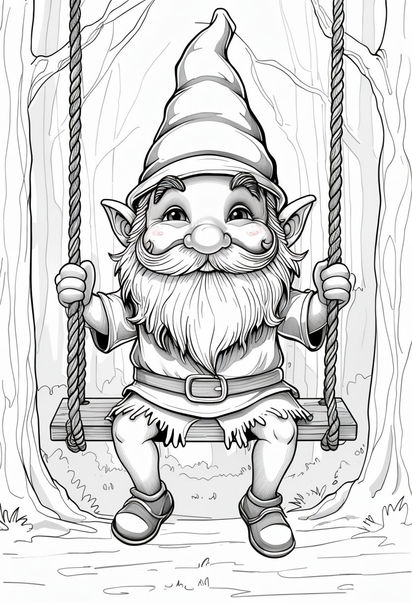 Whimsical Gnome on a Swing in a Forest Coloring Book Pages