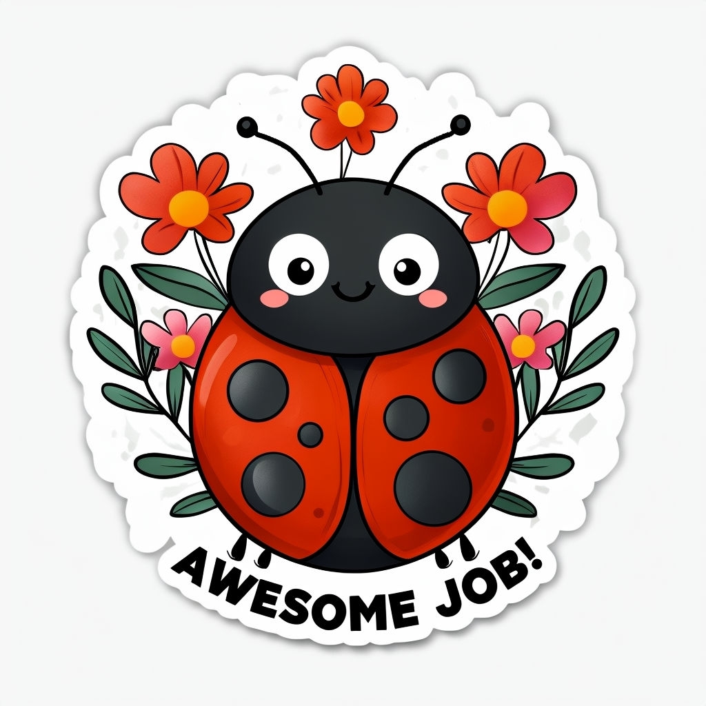 Cheerful Cartoon Ladybug with Flowers and Awesome Job Text Sticker