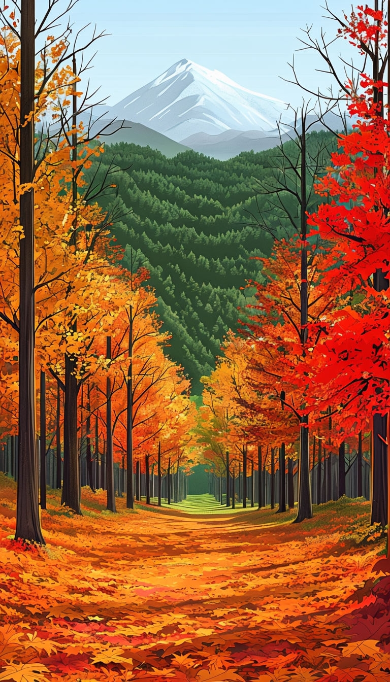 Serene Autumn Forest Pathway with Vibrant Foliage Illustration Art