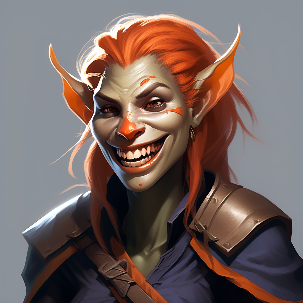 A female DND 5E hobgoblin with orange skin by Traxe SC - Playground