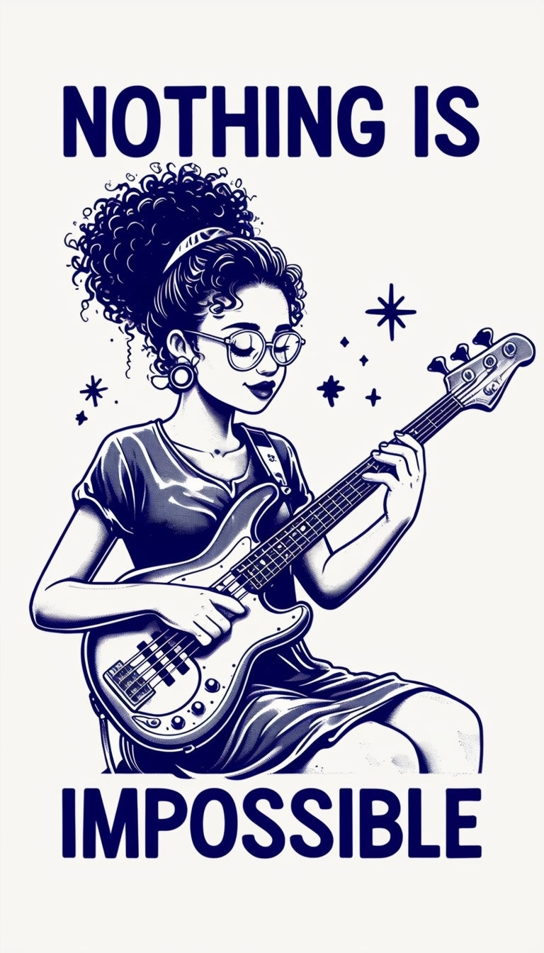 Vintage Bass Guitar Woman Illustration with Retro Aesthetic Poster