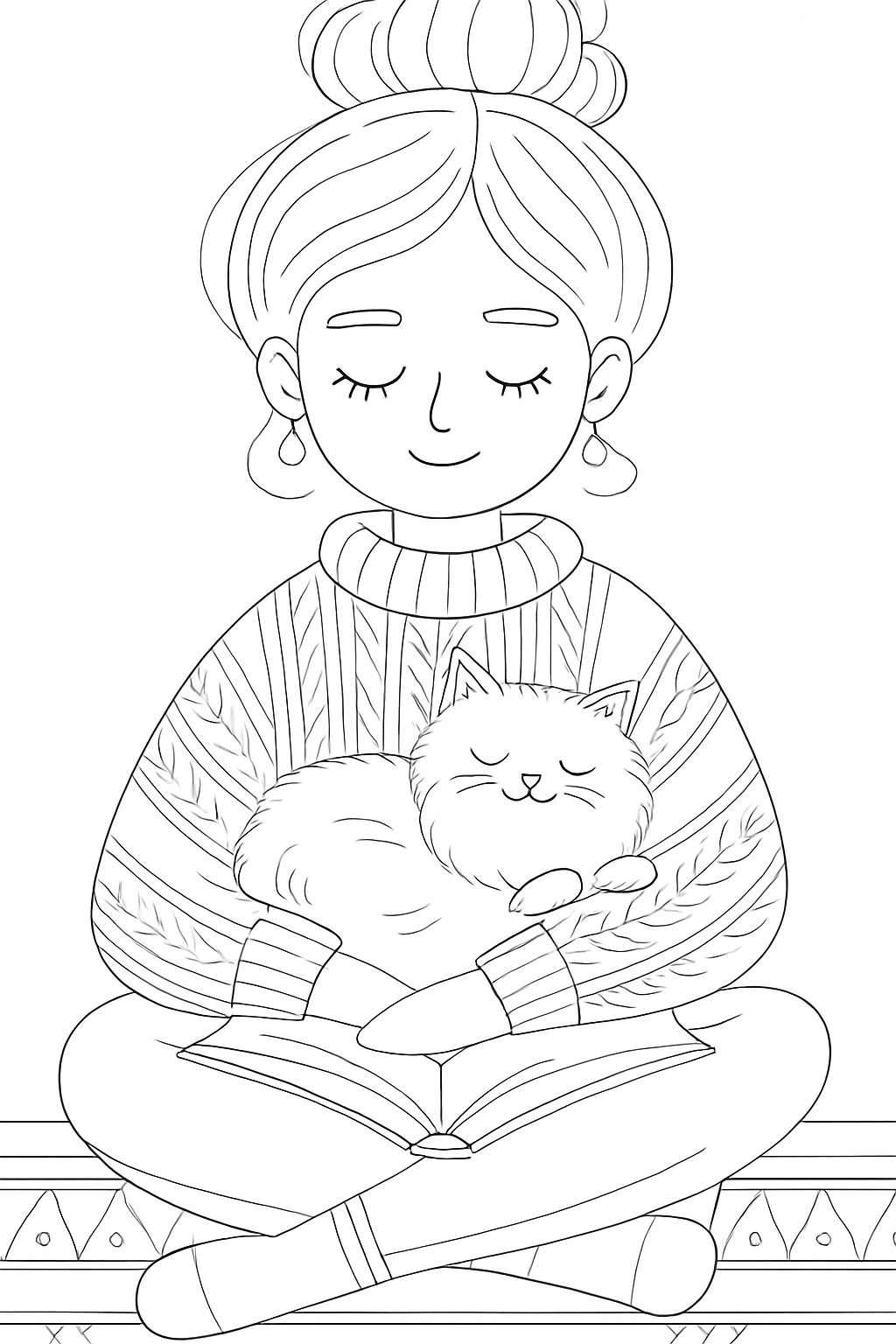 Serene Cross-Legged Person with Cat Coloring Page Design