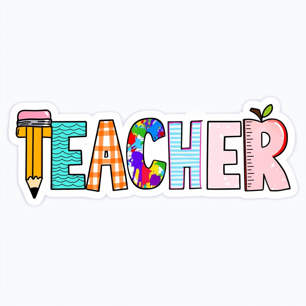 Colorful Cartoon Teacher Word Art Illustration Sticker