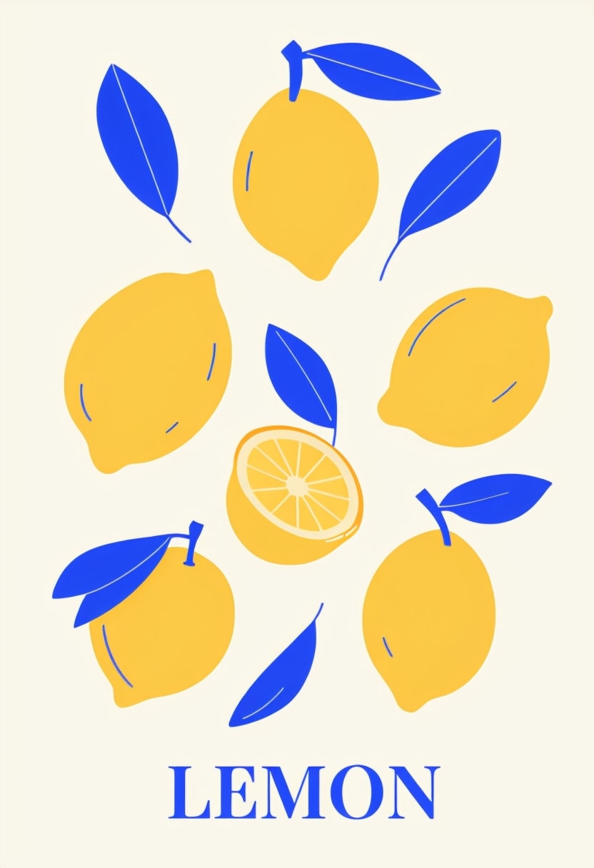 Stylish Minimalist Lemon Vector Illustration with Blue Leaves Poster