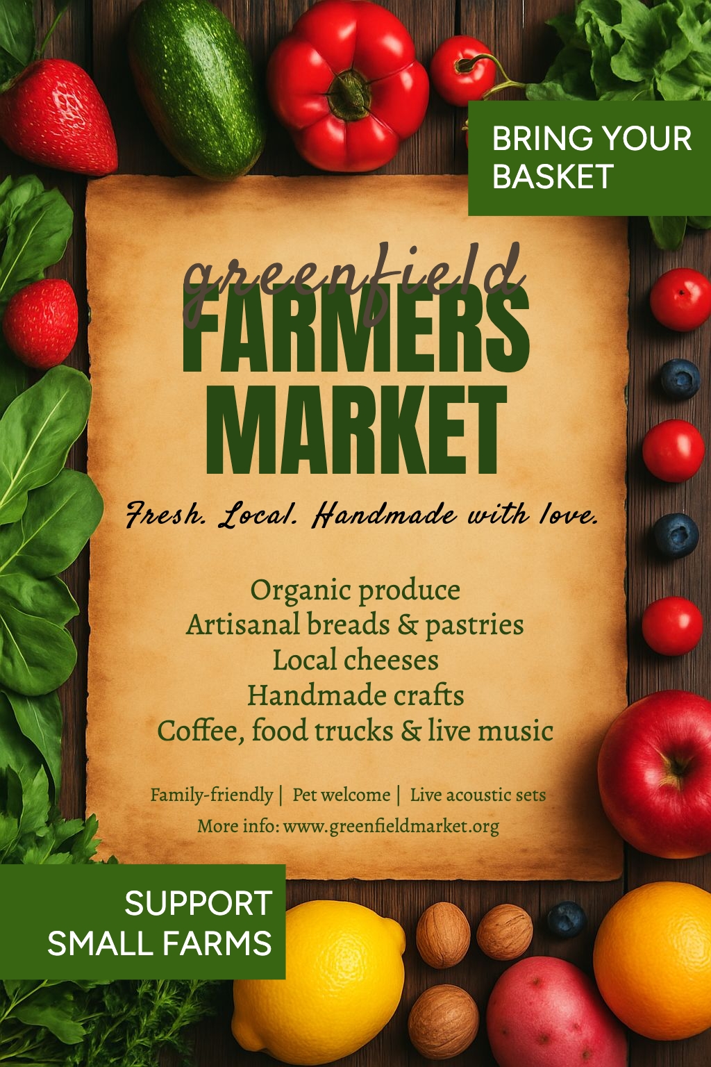 Vibrant Greenfield Farmers Market Promotional Poster Design Flyer