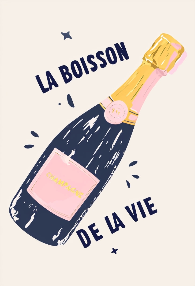 Stylized Champagne Bottle Digital Painting with Whimsical Elements Poster