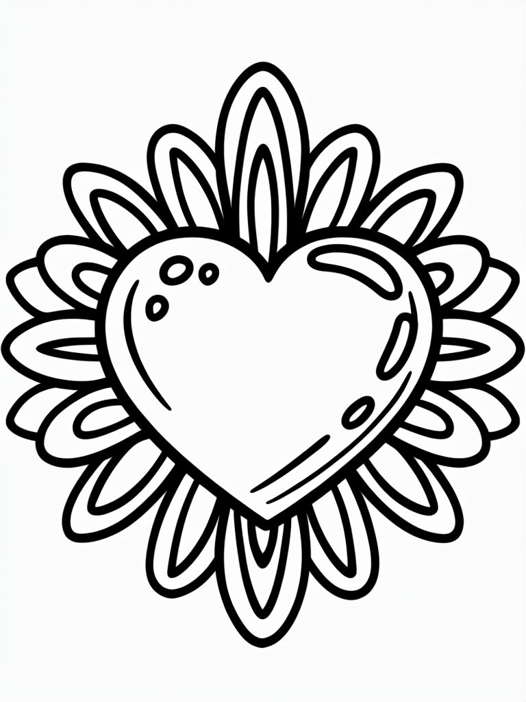 Whimsical Black and White Heart with Petal Designs Coloring Book Pages