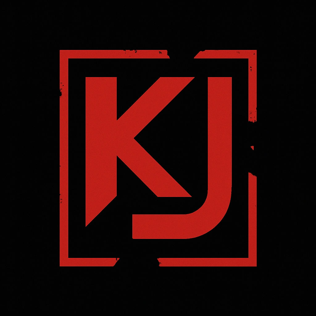 Bold Red KJ Monogram Logo on Black Background Monogram