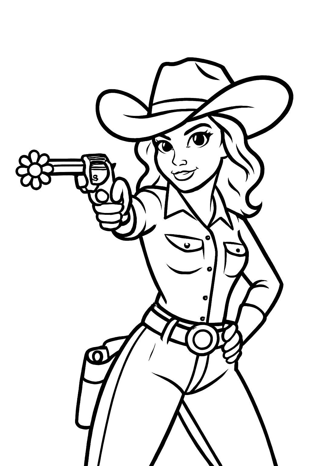 Confident Female Cowgirl with Floral Revolver Line Drawing Coloring Book Pages