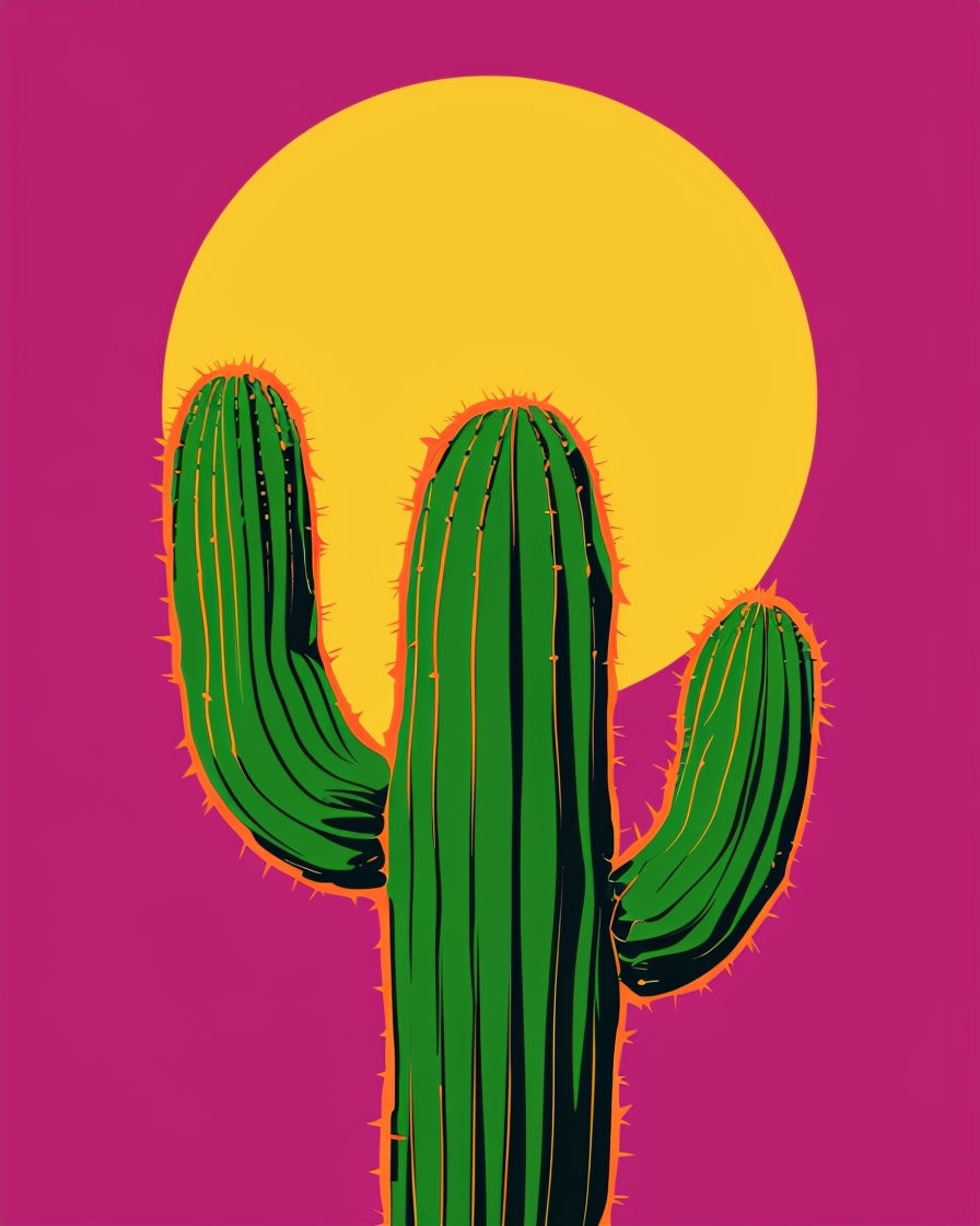 Vibrant Green Cactus with Sun Minimalist Digital Art Poster