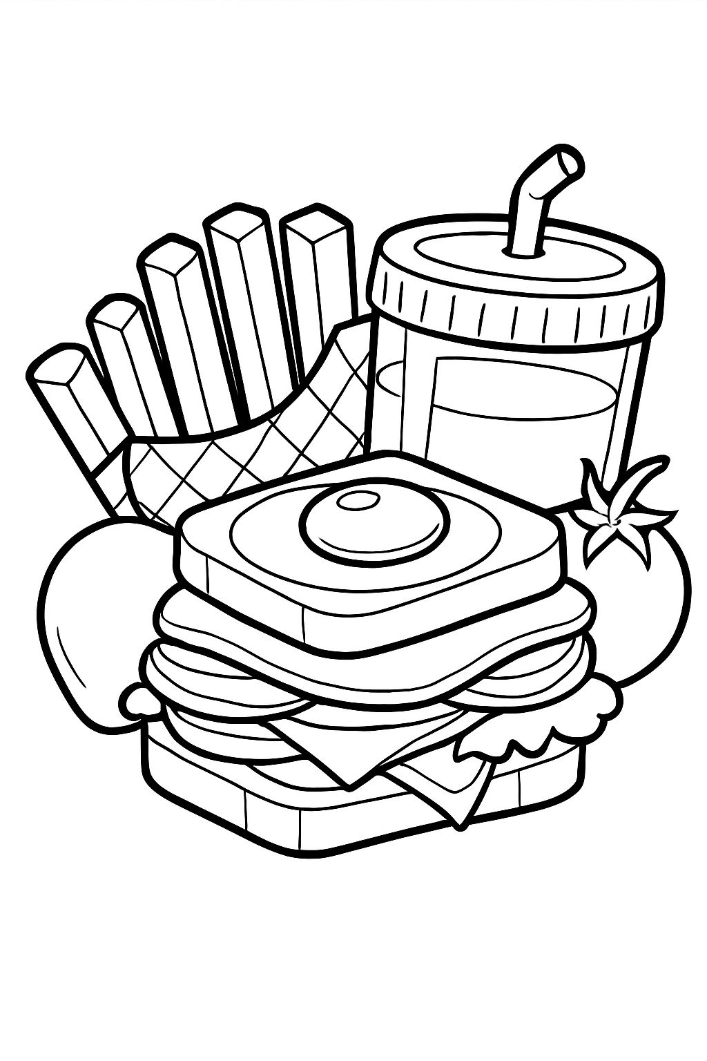 Whimsical Food Collection Line Drawing for Coloring Book Pages