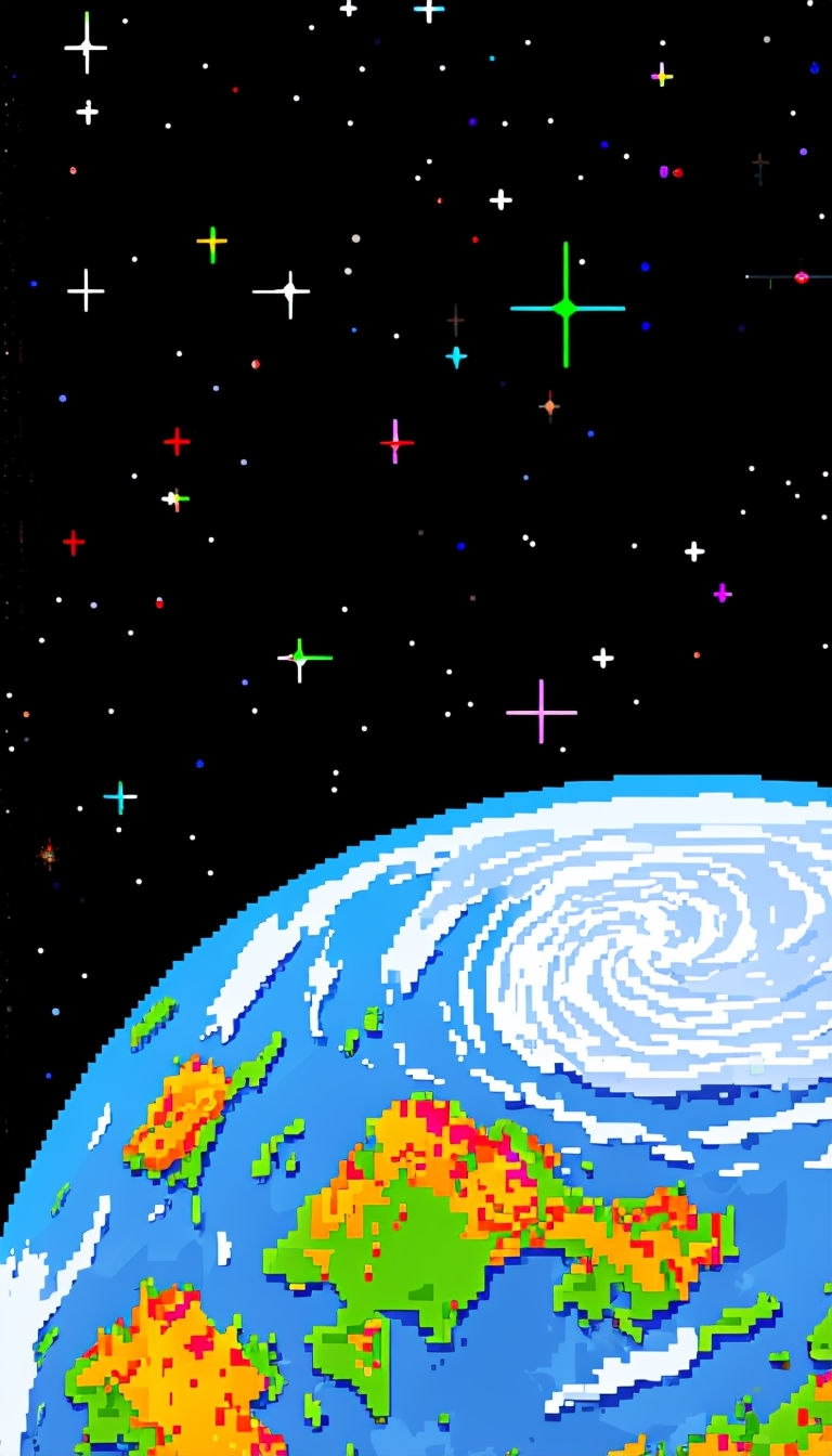 Pixelated Earth in Space with Cyclone and Stars Mobile Wallpaper