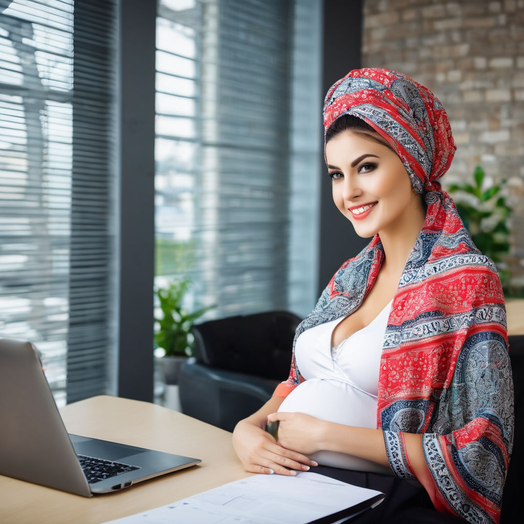 Blue and orange modest stunning huge pregnant woman with a supersized pregnant  belly wearing hat